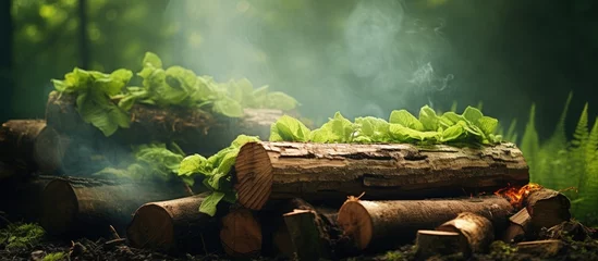 Zelfklevend Fotobehang Rustic Pile of Firewood Adorned with Vibrant Green Leaves in a Natural Setting © vxnaghiyev