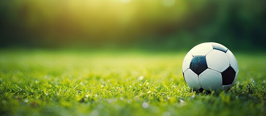 Vibrant Soccer Ball Resting on Lush Green Grass Field with Copy Space