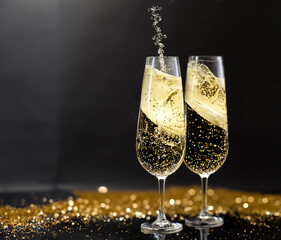 flutes with champagne or fizzy white wine on black background with blurred sparkles in the back