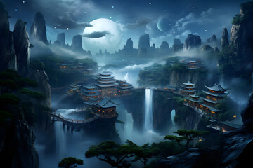 full moon in the blue mountains, blue mountain fog with full moon mystical place, china, valley, mountains