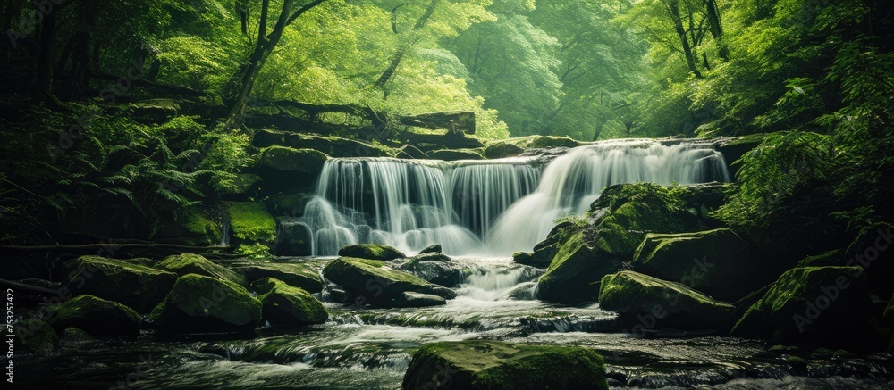Poster serene waterfall cascading through lush forest landscape with mossy rocks and tall trees