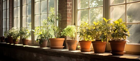 Serene Charm of Indoor Gardening: Array of Lush Potted Plants on a Bright Window Sill
