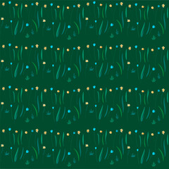 Small blue and yellow flowers on a green background. Spring seamless pattern. Template for fabric, paper, textile. Vector illustration in modern style.