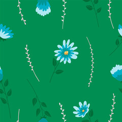 Blue flowers on a green background, spring daisies. Seamless pattern. Vector illustration in modern style.
