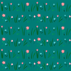 Delicate cute pink flowers, green leaves. Spring, summer seamless pattern. Template for paper, textile. Vector illustration in modern style.