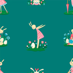 Rabbits and hares in the clearing, eggs. Seamless pattern. Happy Easter concept. Template for print, paper, textile. Vector illustration in modern style.