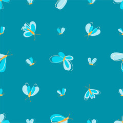 Butterflies and moths fly on a blue background. Spring seamless pattern. Template for paper, textile. Vector illustration in modern style.