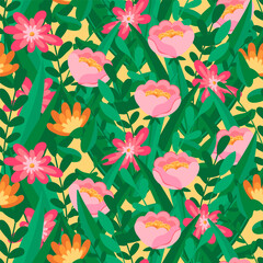 Large roses, peonies, daisies, chrysanthemums, leaves. Spring seamless pattern. Template for fabric, paper, textile. Vector illustration in modern style.