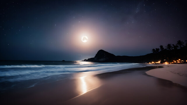 Picture a quiet beach at night, bathed in the soft glow of a full moon and countless stars. The rhythmic sound of gentle waves lapping against the shore harmonizes with the distant calls of nocturnal 