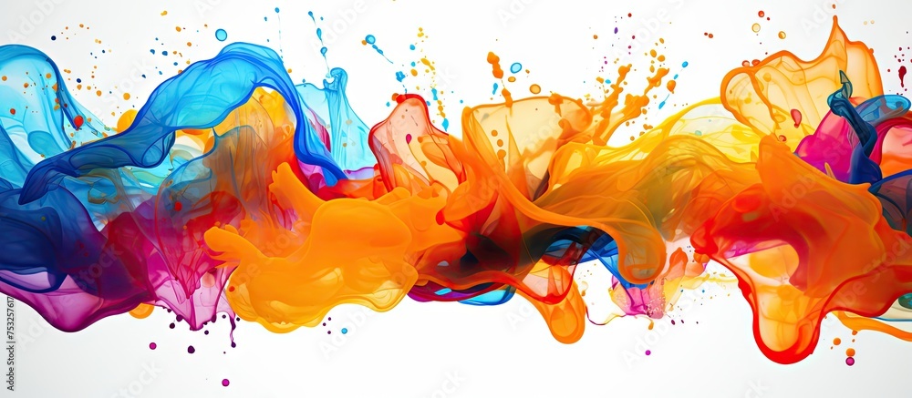 Poster vibrant colorful paint splashes creating an artistic explosion on clean white background
