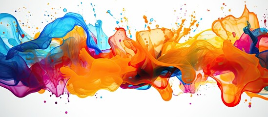 Vibrant Colorful Paint Splashes Creating an Artistic Explosion on Clean White Background - obrazy, fototapety, plakaty