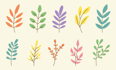 Vector set of spring branches with leaves. Minimal botanical design elements. Vector illustration