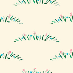 Seamless pattern of delicate spring flowers on a beige background. Template for textile, paper, print. Vector illustration in modern style.
