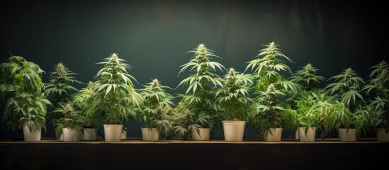 Vivid Marijuana Plants Row Showing Growth in Assorted Pots, Cannabis Cultivation Concept