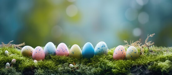 Colorful Easter Eggs Nestled in Vibrant Green Moss Garden, Spring Celebration Background