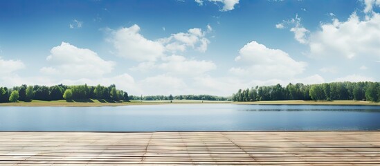 Tranquil Outdoor Setting: A Wooden Deck Overlooking a Serene Lake Surrounded by Lush Greenery