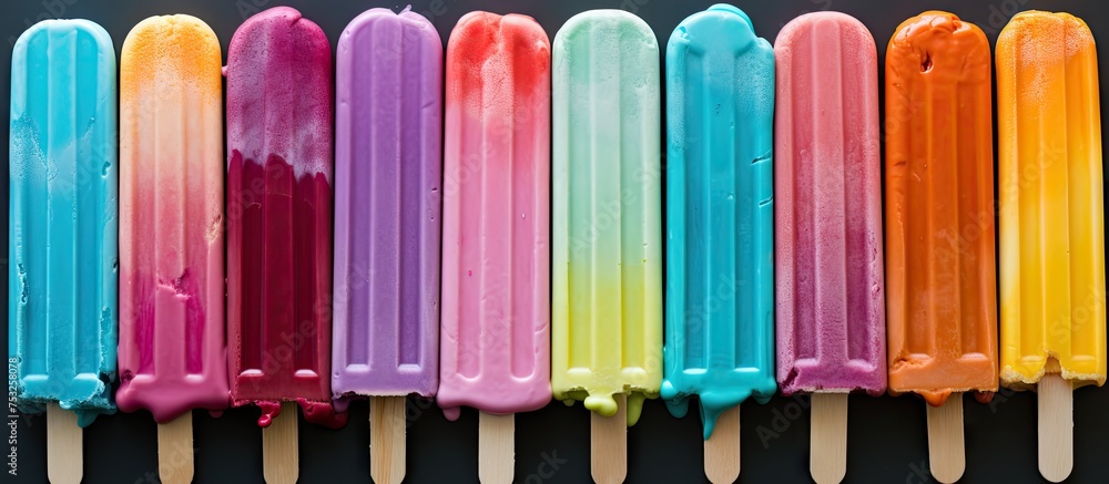 Poster vibrant row of colorful popsicles displayed in assorted flavors and tantalizing shades