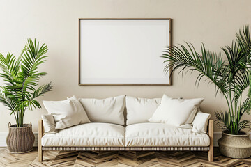 Stylish living room interior with white sofa and blank white canvas on the wall