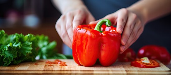 Culinary Delight: Chef Preparing Fresh Bell Pepper on Wooden Cutting Board