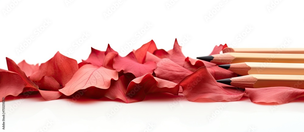 Poster Vibrant Pencils Resting on a Pile of Ruby Red Paper Sheets for Creative Projects