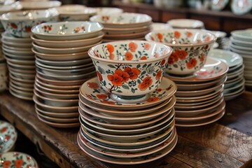 Assortment of tableware and serveware stacked on a wooden table