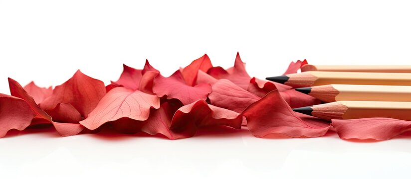 Vibrant Pencils Resting on a Pile of Ruby Red Paper Sheets for Creative Projects