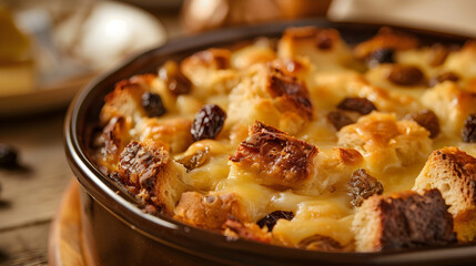 Homemade bread pudding in ceramic dish