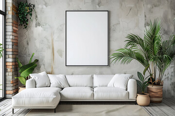 Stylish living room interior with white sofa and blank white canvas on the wall