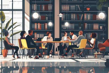 Multiethnic Diverse business team, Business men, women sitting in modern office, working together, discussing, brainstorming. Comfortable work place. Workflow vector scene - obrazy, fototapety, plakaty