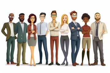 Fototapeta na wymiar Multinational business team. Vector realistic illustration of diverse cartoon men and women of various ethnicities, ages and body type in smart casual office outfits. Isolated on white background.