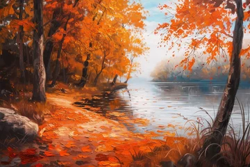  Oil painting landscape - autumn forest near the river, orange leaves © Khalif