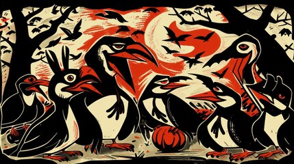 Obraz premium a group of birds standing next to each other in front of a tree with bats and pumpkins on it.