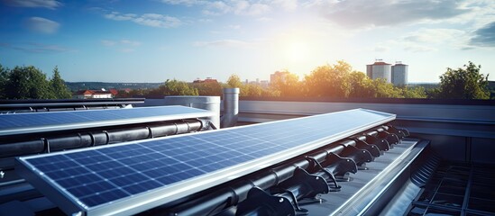Green Energy Innovation: Solar Panel on Urban Rooftop Harnessing Sustainable Power - obrazy, fototapety, plakaty