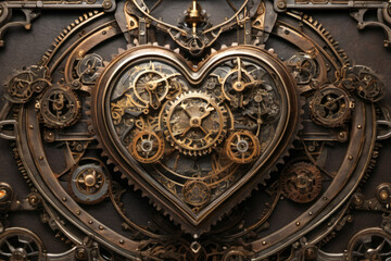 Fototapeta na wymiar Steampunk heart on wall with intricate mechanisms and gears, surreal Victorian futuristic technology background, bronze and copper colors
