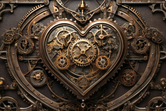 Steampunk heart on wall with intricate mechanisms and gears, surreal Victorian futuristic technology background, bronze and copper colors © Eduardo Accorinti
