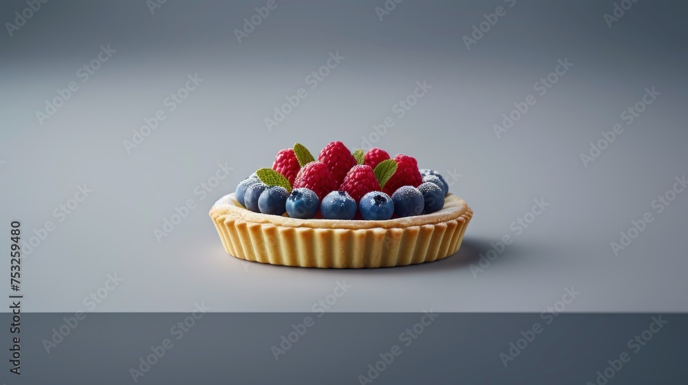 Poster a pie topped with berries and blueberries on top of a gray surface with a green leaf on top of it.
