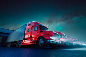 Vibrant Red Semi Trucks Lined Up at Night Under Glittering Sky
