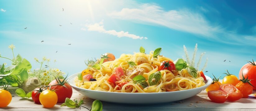 Delicious Italian Pasta Dish Garnished with Fresh Tomatoes and Fragrant Basil Leaves