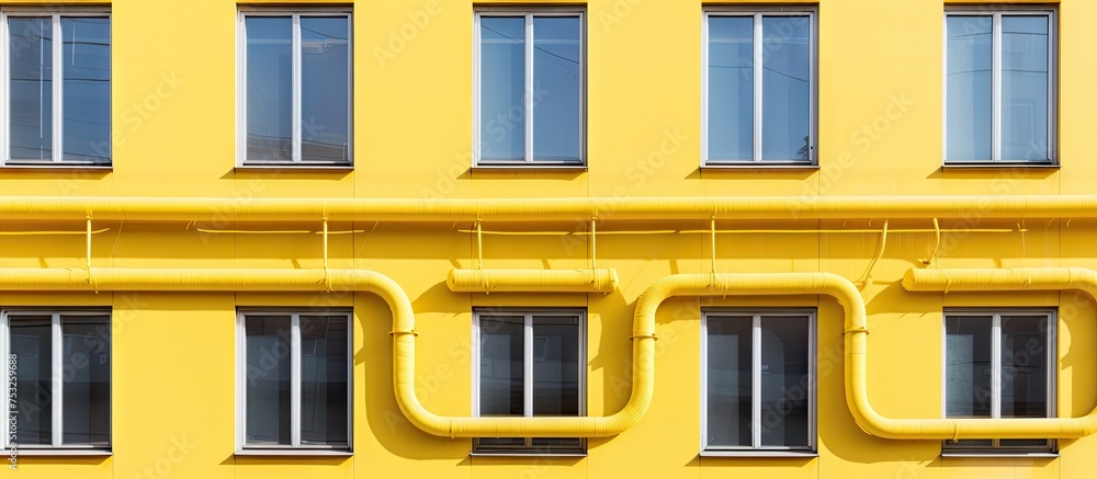 Poster vibrant yellow building with abundant windows and urban architecture