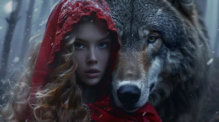 Deurstickers Encounter: Little Red Riding Hood and the Fearsome Wolf © Martin Studio