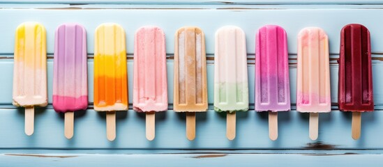 A Delicious Array of Colorful Popsicles with Varied Flavors in a Row