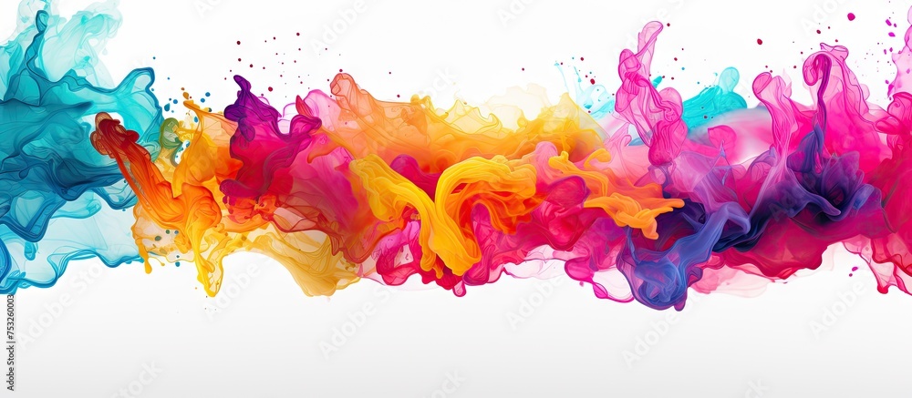 Poster vibrant colorful splashes and spatters on clean white surface for artistic background design