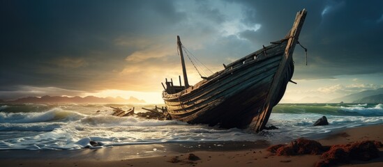 Tranquil Boat Resting on Sandy Beach Shoreline with Ocean Waves in the Background - obrazy, fototapety, plakaty