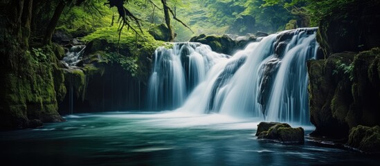 Serene Waterfall Cascading Through Lush Forest Canopy in a Tranquil Nature Setting