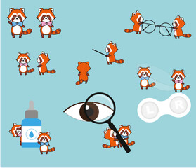 Cute red pandas, doing eyeglasses and ophthalmology-related work, optic jobs. The various movements of the red panda. Red panda, Lesser pandas.Vector. Optic Things.Vector characters.Vector.