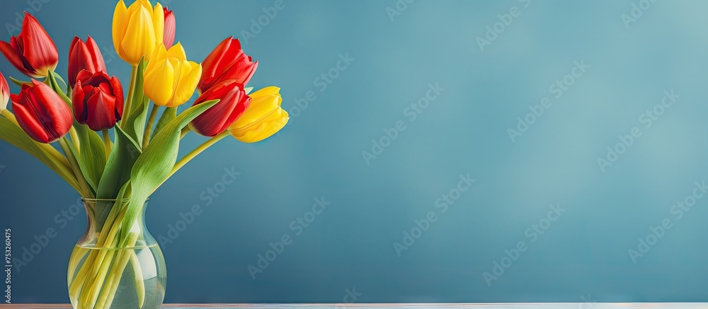 Leinwandbilder vibrant tulip bouquet in a colorful vase adding cheer to a plain table setting