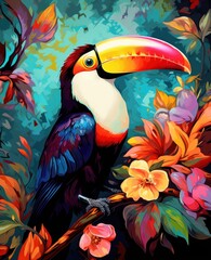 a painting of a toucan bird sitting on a branch with flowers in the foreground and a blue sky in the background.