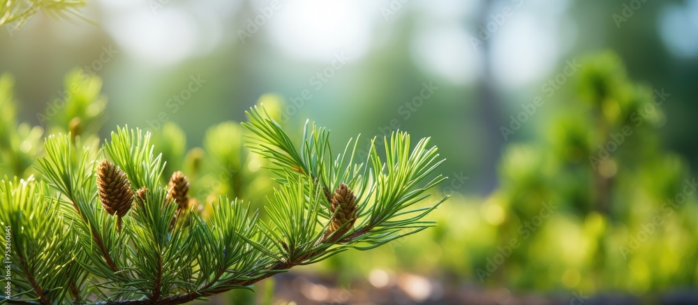 Poster Serenity of Nature: Lush Pine Tree Close-Up Featuring Pristine Cones in Forest Setting