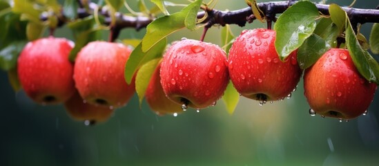 Vibrant Red Apples Covered in Glistening Water Droplets Hanging From Lush Tree Branch