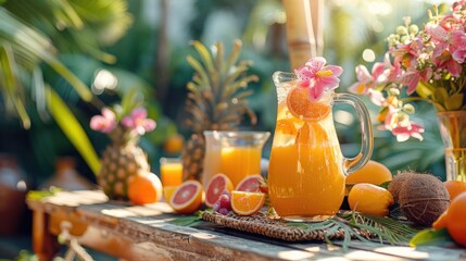 An outdoor summer brunch scene featuring a chic glass pitcher filled with an invigorating cocktail made from freshly squeezed orange juice, coconut water, and a splash of Rhodiola rosea tincture.